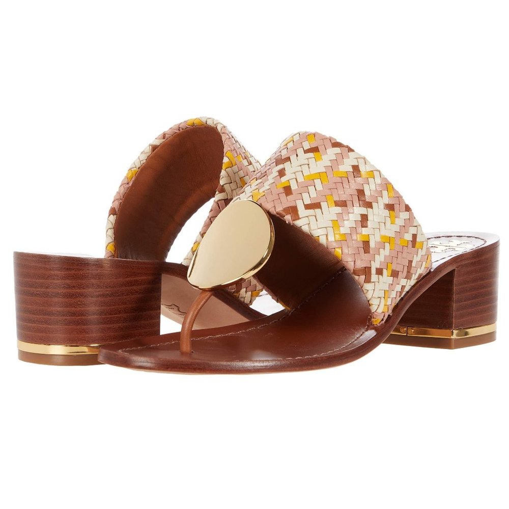 Tory Burch PATOS DISK MID-HEEL SANDAL Woven Neutral Pink Gold Accent Details